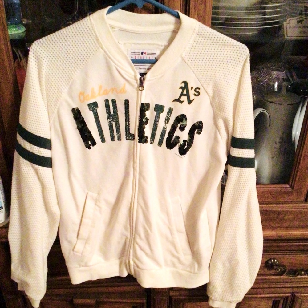 RARE Oakland Athletics Women Sequin Jacket Small- baseball lightweight zip-up